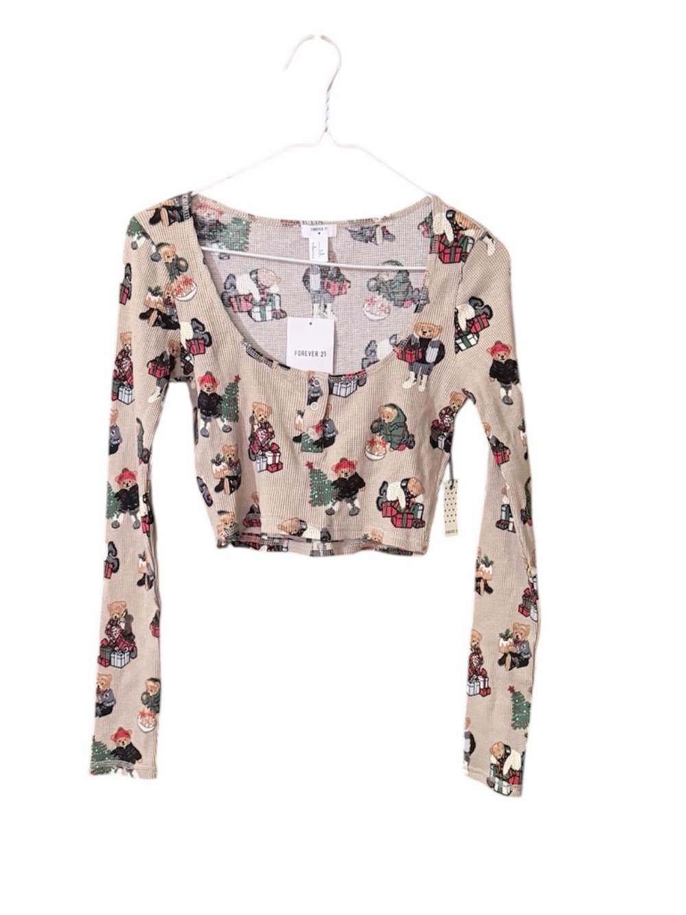 Forever 21 Beige‎ Cropped Long-Sleeve Top with Holiday Graphic Print